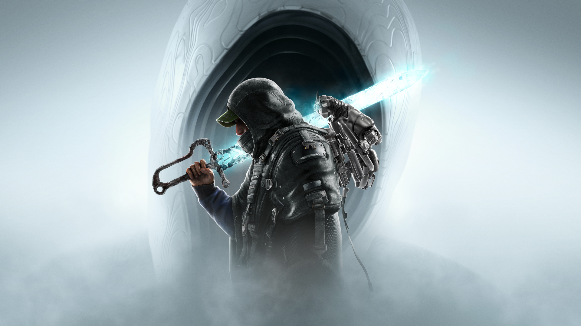 The key art for Hell is Us, showing Remi with his equipment - military poncho, laser sword, and drone - in front of a Hollow Walker&#039;s milky white face