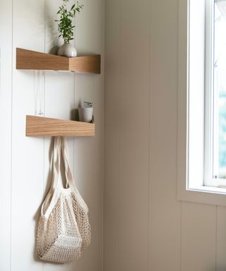 A corner with two walls, one with two wooden shelves with a plant on one and a net white bag hanging from the other and a window on the right wall