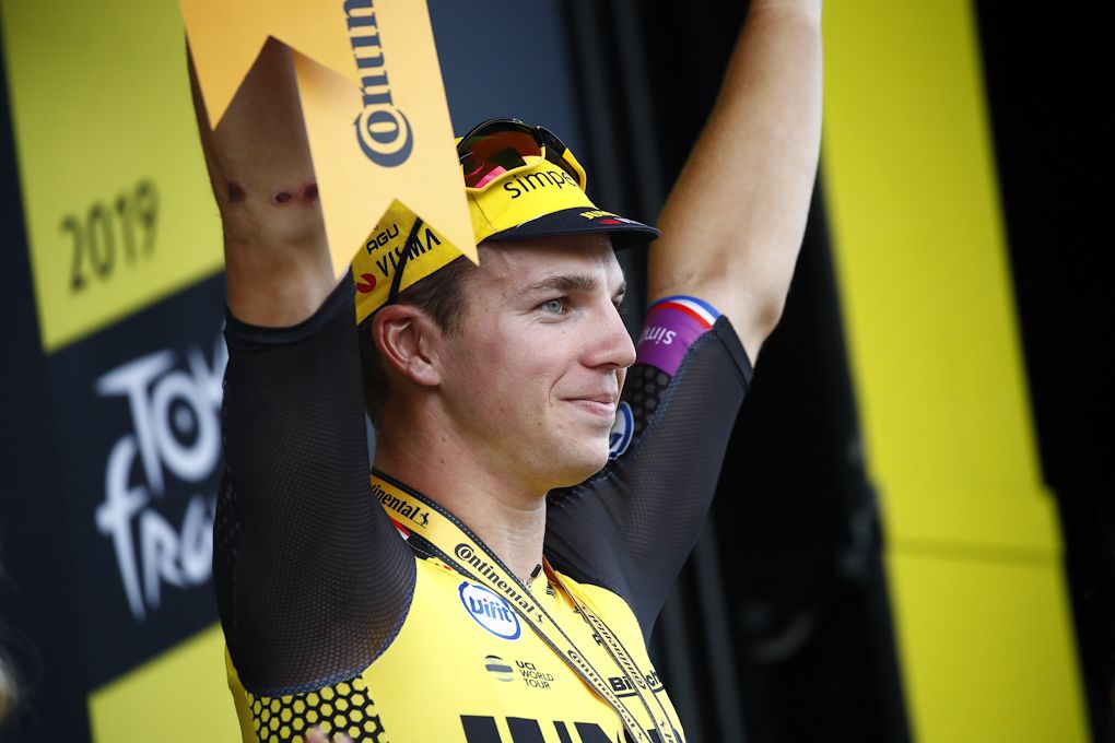 Dylan Groenewegen on the Tour de France podium after winning stage 7
