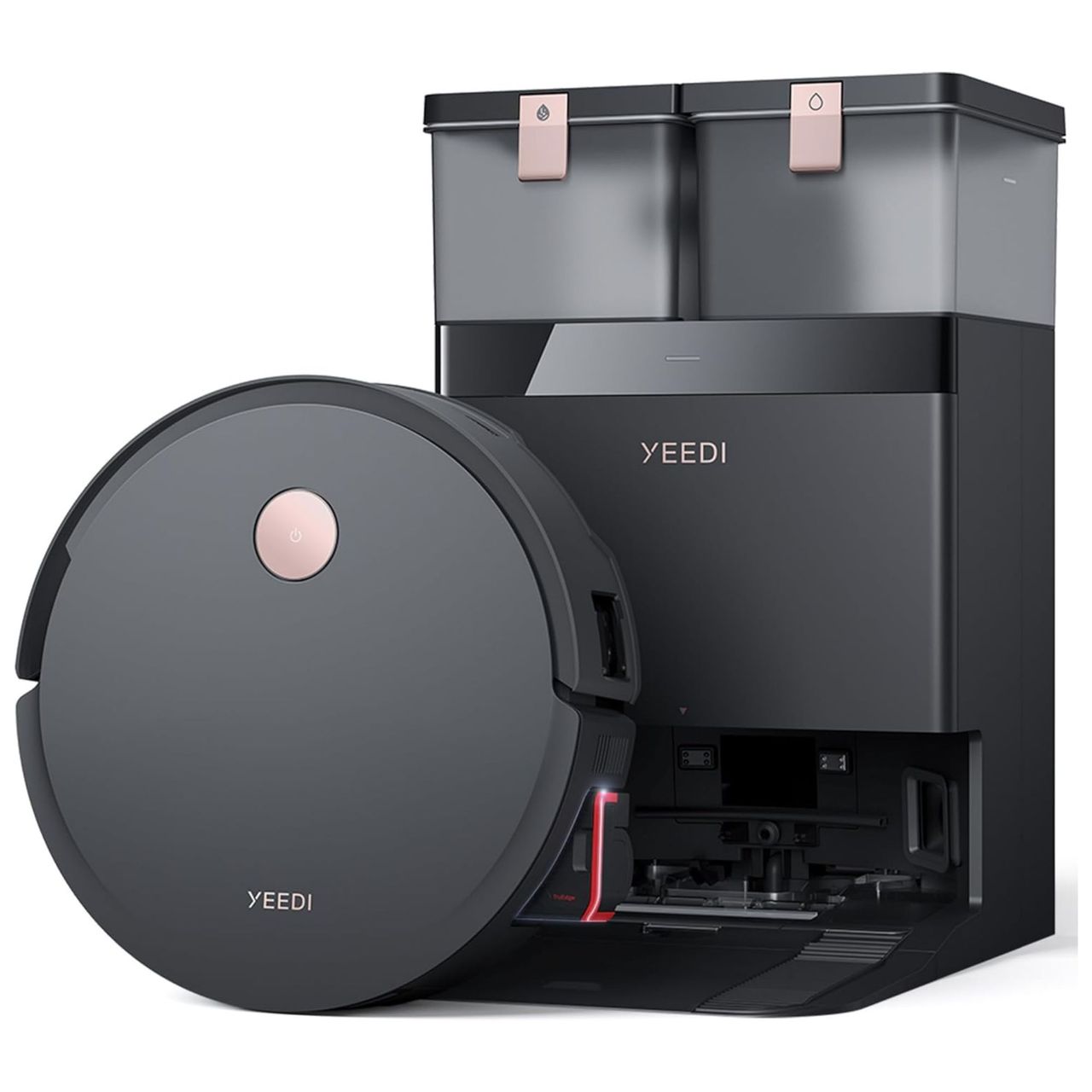Yeedi S14 Plus robot vacuum and cleaning station against white background.
