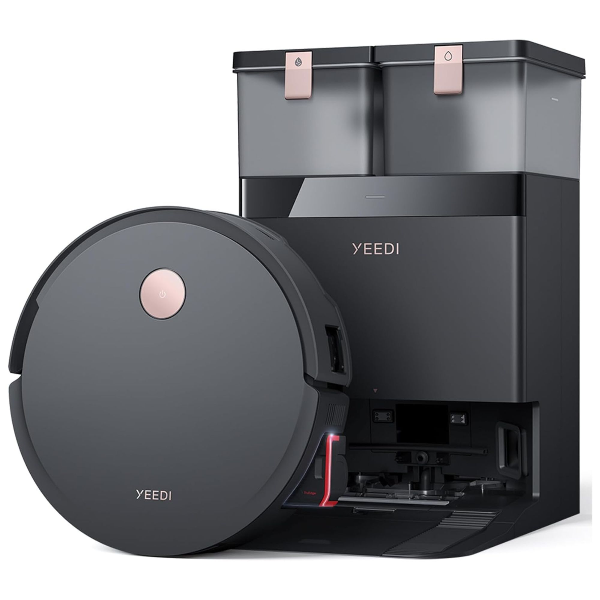 Yeedi S14 Plus robot vacuum and cleaning station against white background.