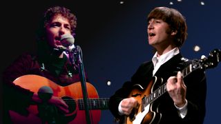 LEFT: Bob DYLAN, performing live onstage RIGHT: John Lennon during a performance against a lit backdrop in 1966.
