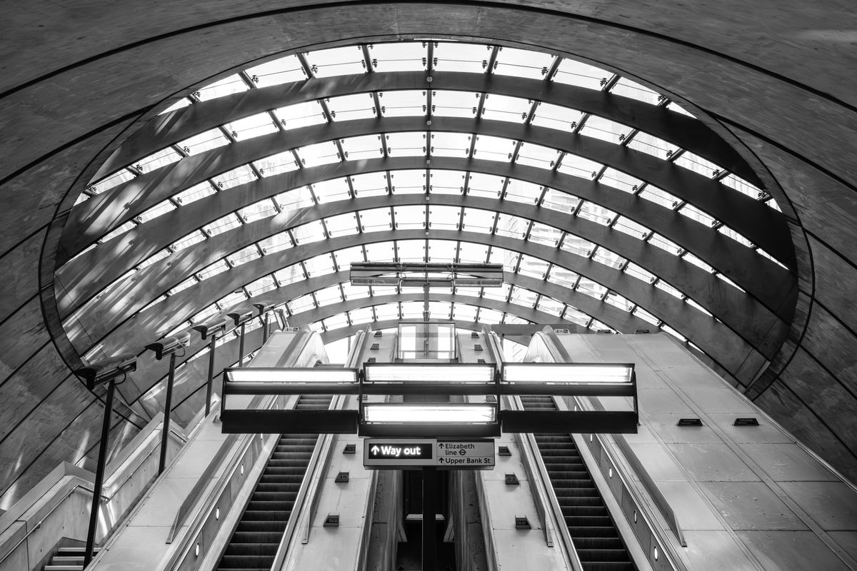 Fujifilm Film Simulation applied to a photo of Canary Wharf tube station in London