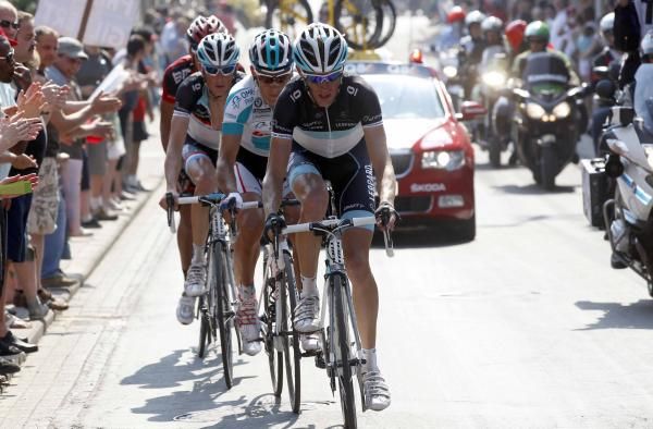 Andy Schleck (Leopard Trek) leads Philippe Gilbert (Omega Pharma-Lotto) at Liege-Bastogne-Liege.