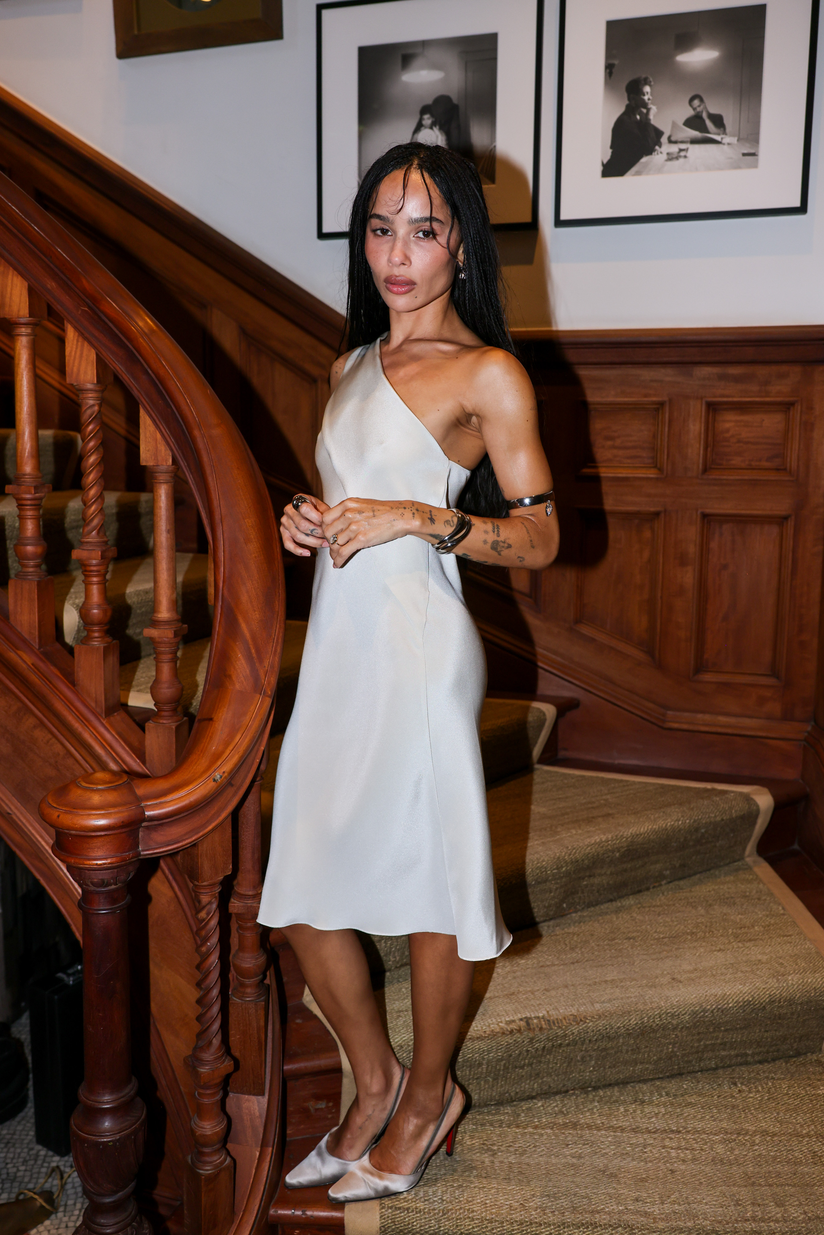 Zo&amp;euml; Kravitz styled a one-shoulder bridal slip at a Jessica McCormack event in London