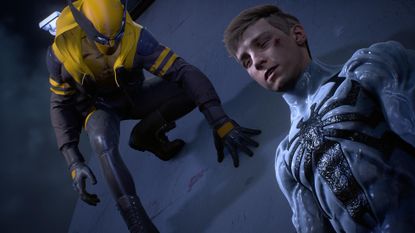 Miles Morales is dressed in a Wolverine-inspired version of his superhero suit as he rushes to Peter's aid