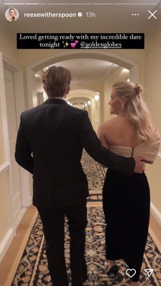 Deacon Phillippe and mom Reese Witherspoon walking down the hallway together on their way to the Golden Globes