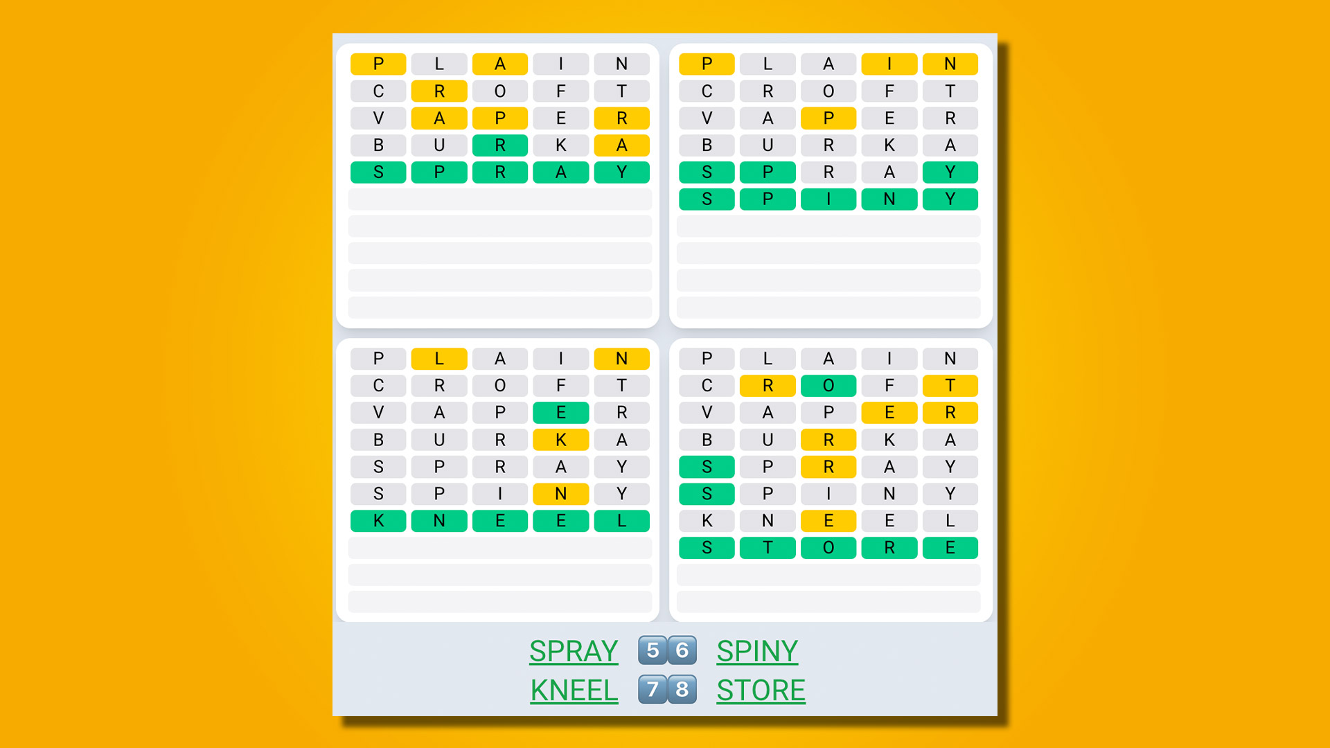 Quordle daily sequence answers for game 507 on a yellow background