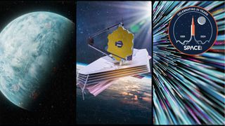 three panels: one showing a greenish-white planet, one showing a hexagonal space telescope in orbit, and one showing streaks representing stars while moving at the speed of light