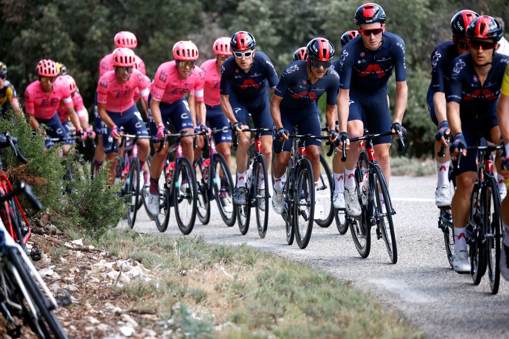 NMES FRANCE JULY 08 Richard Carapaz of Ecuador Tao Geoghegan Hart of The United Kingdom and Team INEOS Grenadiers during the 108th Tour de France 2021 Stage 12 a 1594km stage from SaintPaulTroisChateaux to Nimes LeTour TDF2021 on July 08 2021 in Nmes France Photo by Chris GraythenGetty Images