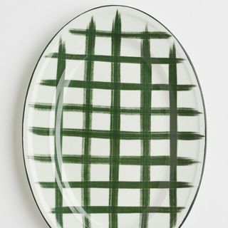 Grid pattern serving platter in green and white