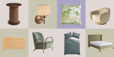 Next products, accent chair, bed, floral cushion, wall light, striped bedding, wooden side table, storage unit