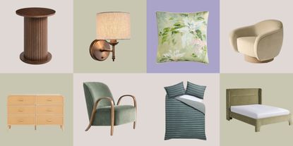 Next products, accent chair, bed, floral cushion, wall light, striped bedding, wooden side table, storage unit