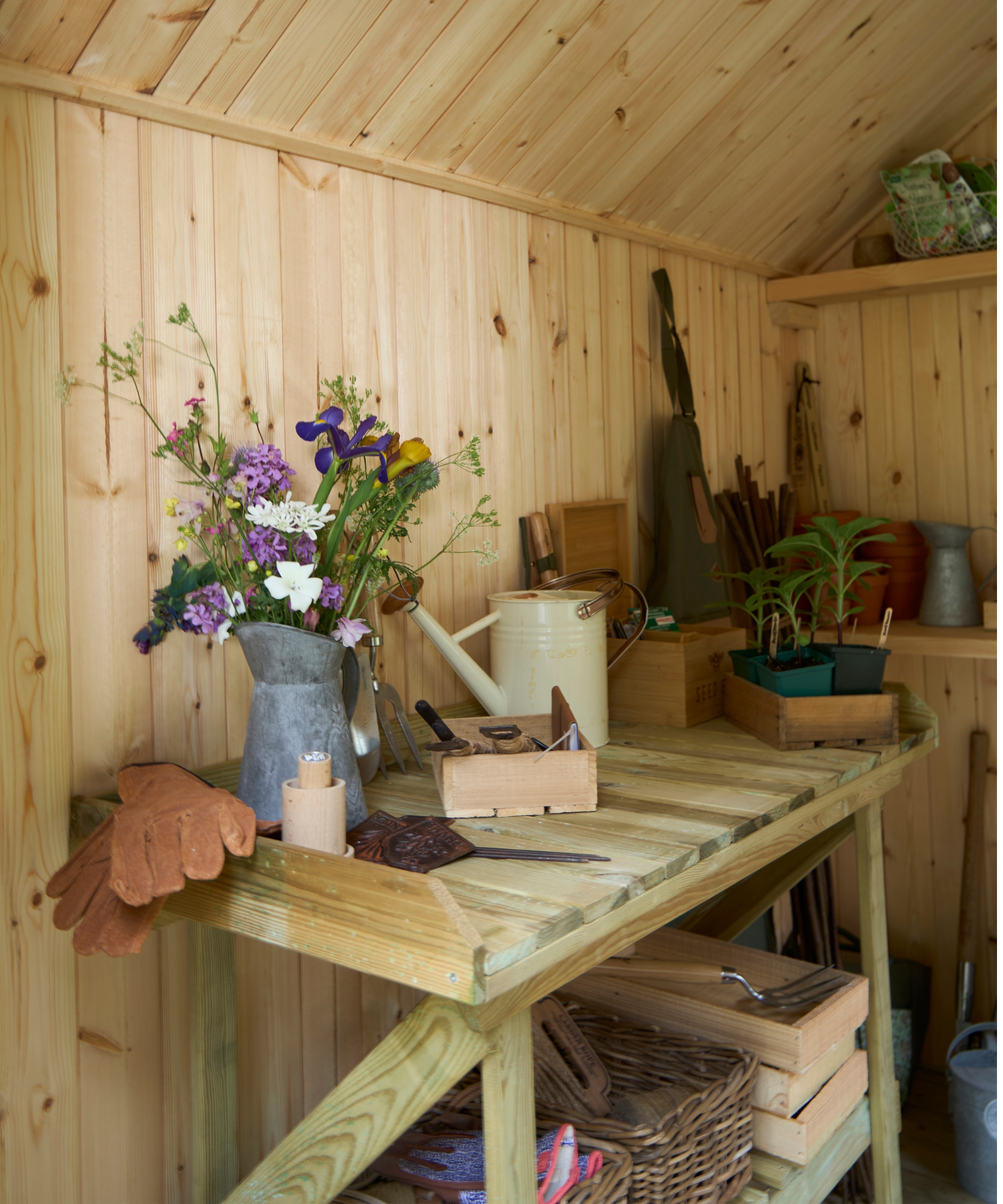 Inside a wooden shed with a wooden bench with flowers, tools and plants on it