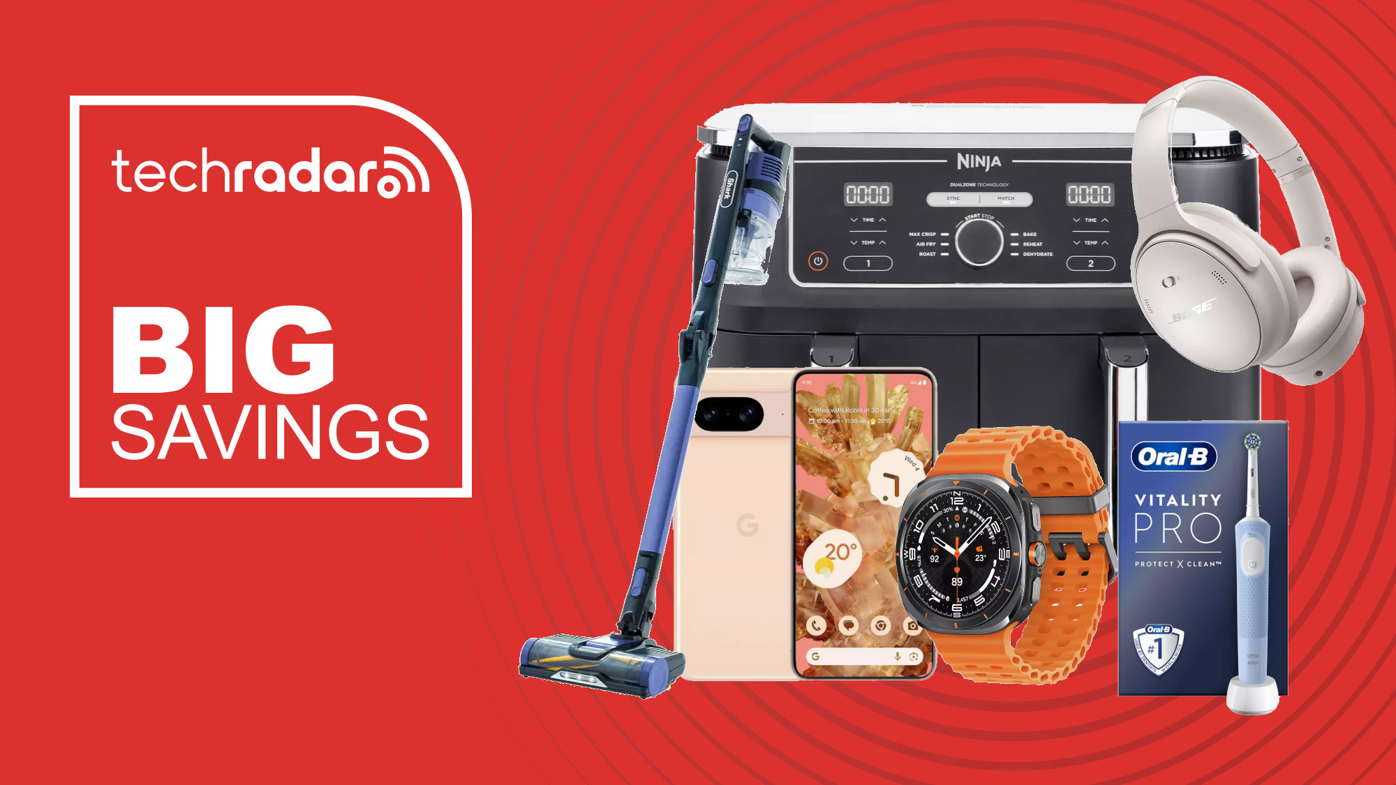 Collage of tech deals from the Argos Big Red sale, including a Ninja air fryer, Bose headphones, Shark vacuum, Samsung Galaxy Watch Ultra, Oral-B electric toothbrush and Google Pixel 8