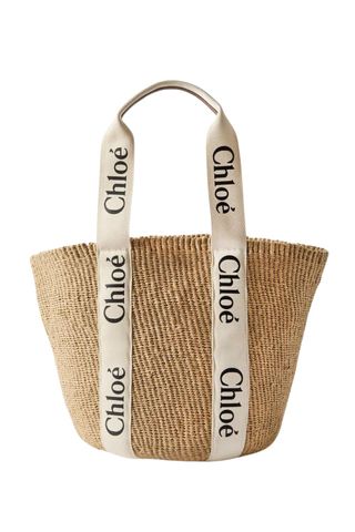 Chloe Woody large leather-trimmed raffia tote