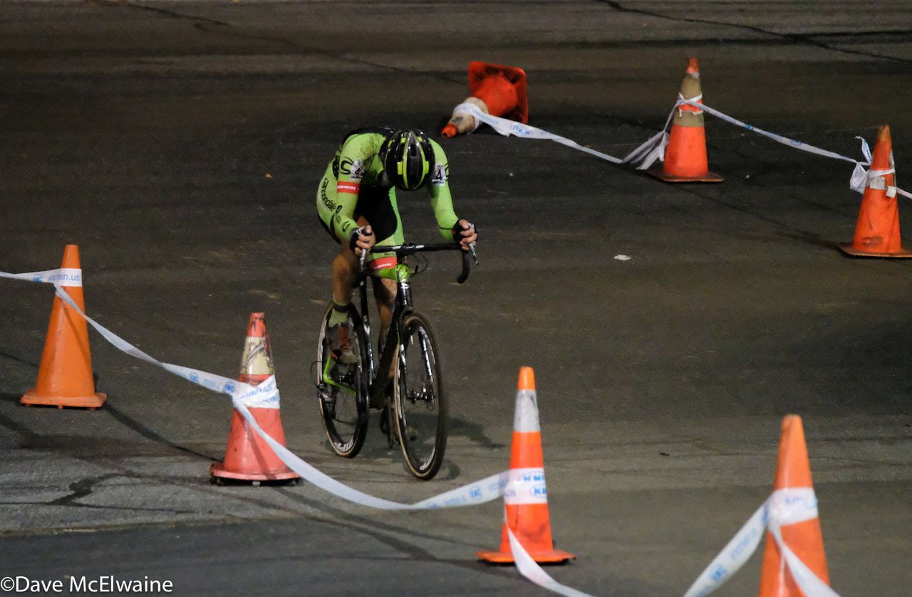 Curtis White (Cannondale) racing on pavement with one lap to go