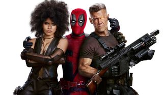 Deadpool 2 Domino, Deadpool, and Cable pose for the camera, as friends