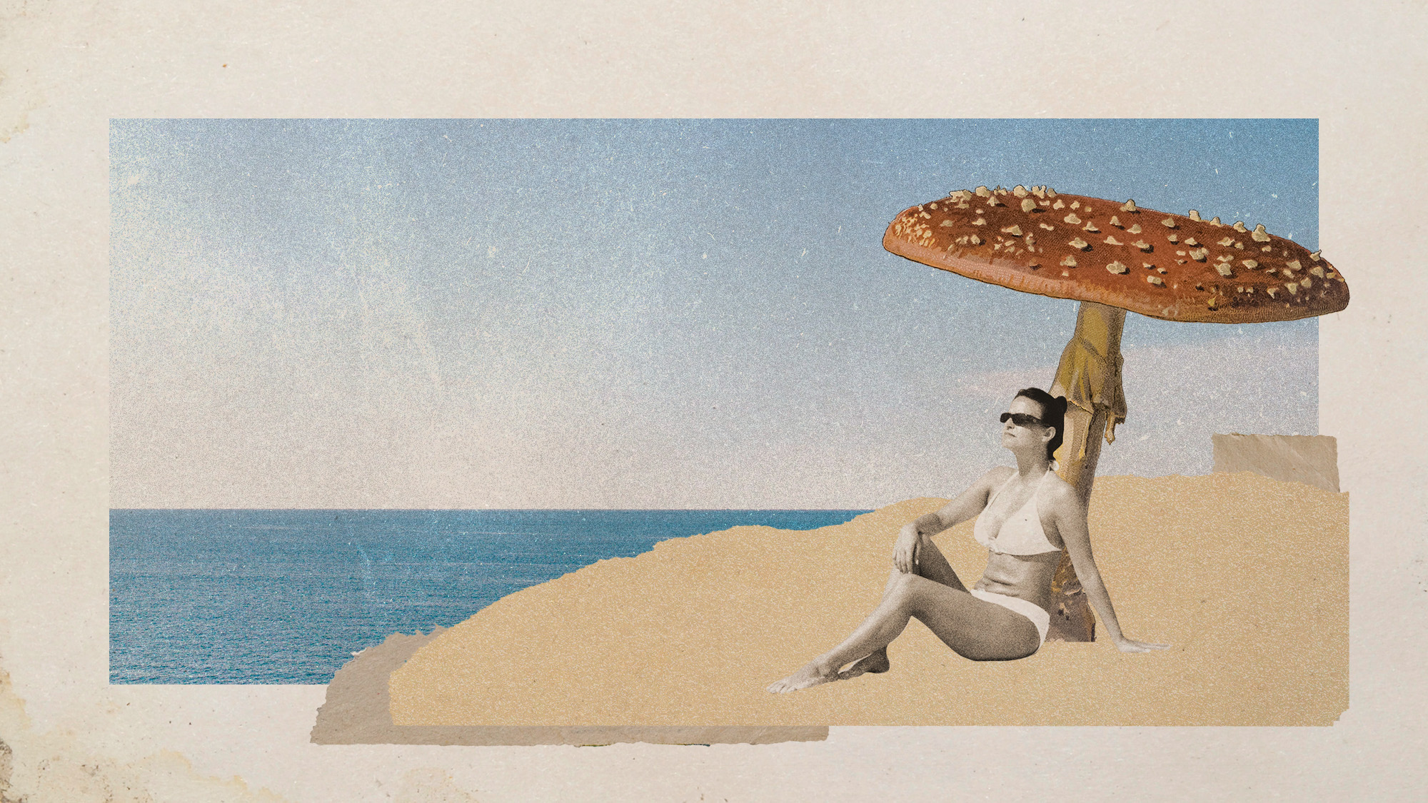 Photo collage of a woman sitting under a giant mushroom like a beach umbrella