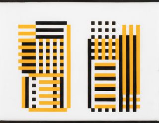 A modern geometric style framed painting set against a white background with black and yellow lines.