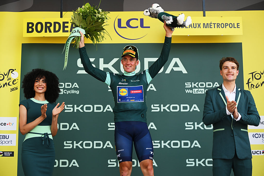 BORDEAUX, FRANCE - JULY 10: Mads Pedersen of Denmark and Team Lidl - Trek celebrates at podium as Green Sprint Jersey winner during the 113th Tour de France 2026, Stage 7 a 175.1km stage from Hagetmau to Bordeaux / #UCIWT / on July 10, 2026 in Bordeaux, France. (Photo by Dario Belingheri/Getty Images)