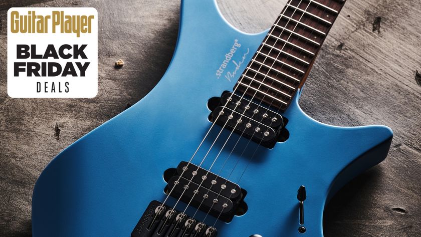 A Strandberg Boden Essential headless guitar on a concrete floor