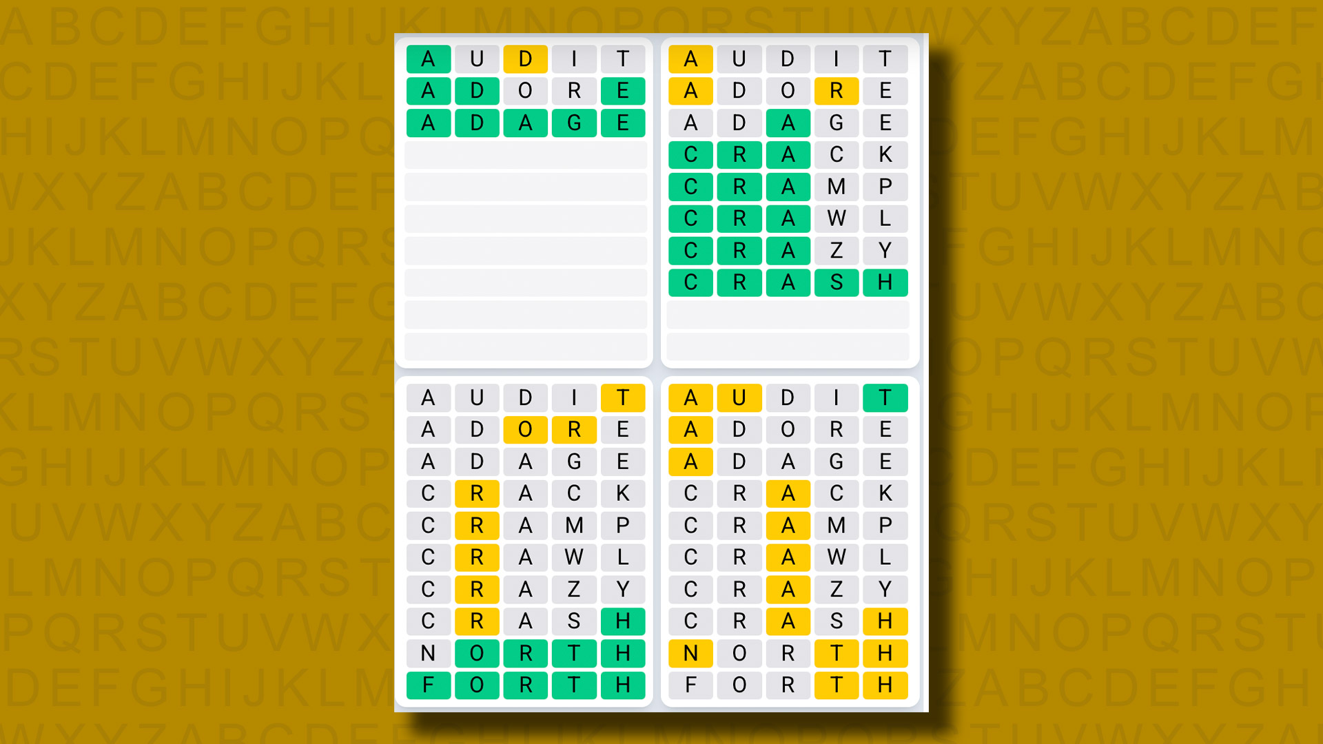 Quordle Daily Sequence answers for game 1144 on a yellow background