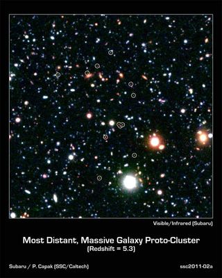 This extremely distant protocluster represents a group of galaxies forming very early in the universe, about only a billion years after the Big Bang.