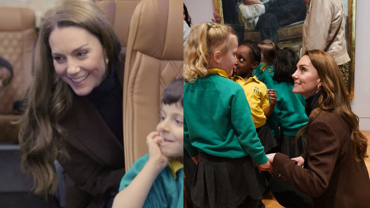 Kate Middleton sitting on a bus leaning into the aisle with a little boy in front of her and a photo of her kneeling down in a brown blazer holding hands with a little girl 