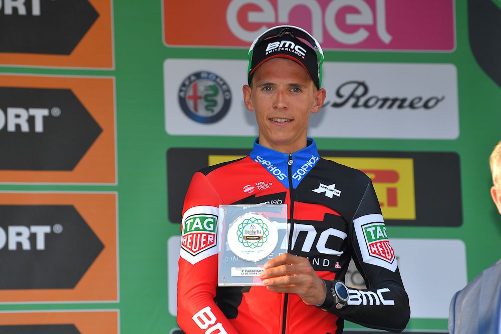 Dylan Teuns on the Il Lombardia podium for third