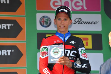 Dylan Teuns on the Il Lombardia podium for third