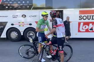 Juan Molano yells at Hugo Page after stage 6 of Critérium du Dauphiné