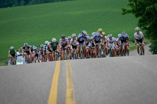 The women battle one of the hills on today's constantly rolling course.