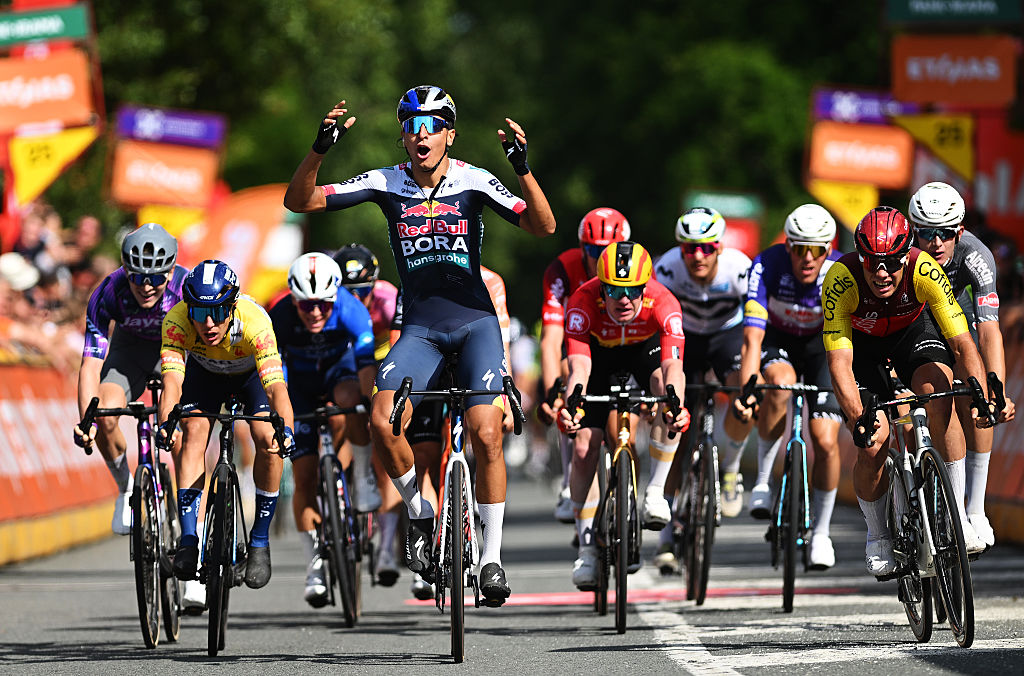 ANTOING, BELGIUM - JULY 28: A general view of Davide Donati of Italy and Team Red Bull - BORA - hansgrohe celebrates at finish line as stage winner ahead of Corbin Strong of New Zealand and Team Israel - Premier Tech - Yellow Points Jersey and Milan Fretin of Belgium and Team Cofidis during the 46th Tour de Wallonie 2025, Stage 3 a 165.3km stage from Estinnes to Antoing on July 28, 2025 in Antoing, Belgium. (Photo by Luc Claessen/Getty Images)