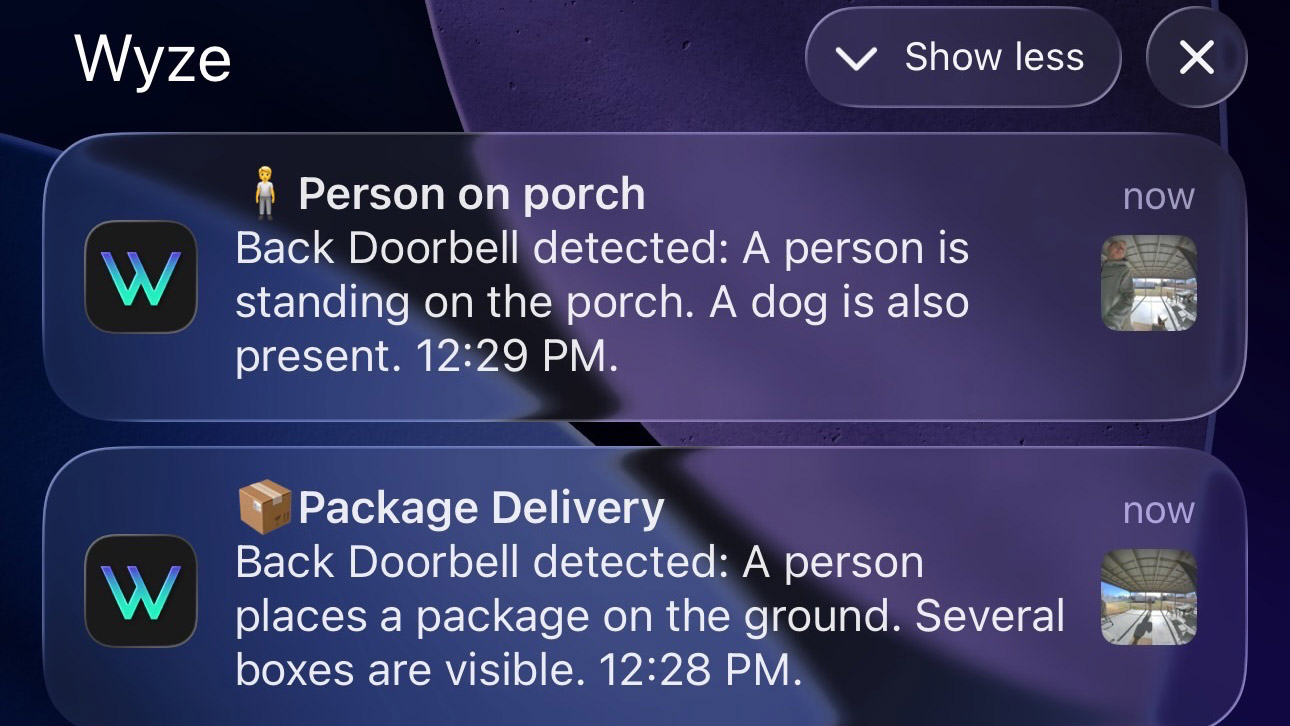 A screenshot of notifiactions from the Wyze Battery Video Doorbell