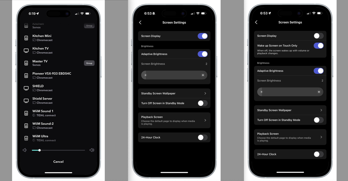 Three screen-grabs of the WiiM Sound's companion app, showing various features such as room calibration, EQ, setup process and toggles within the app