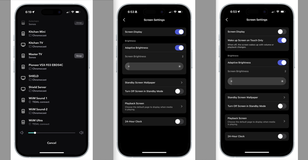 Three screen-grabs of the WiiM Sound's companion app, showing various features such as room calibration, EQ, setup process and toggles within the app