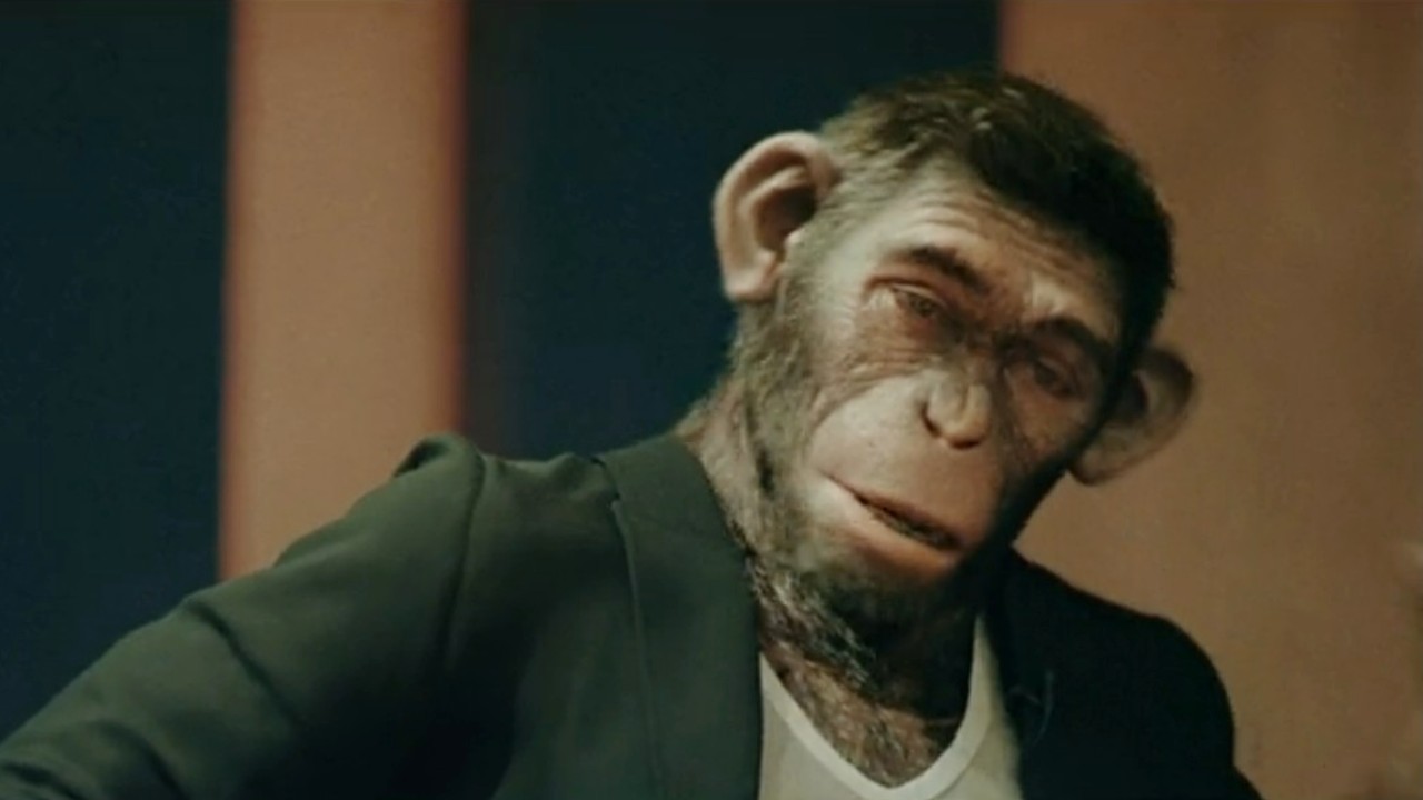 Robbie Williams as a monkey looking sad in Better Man.