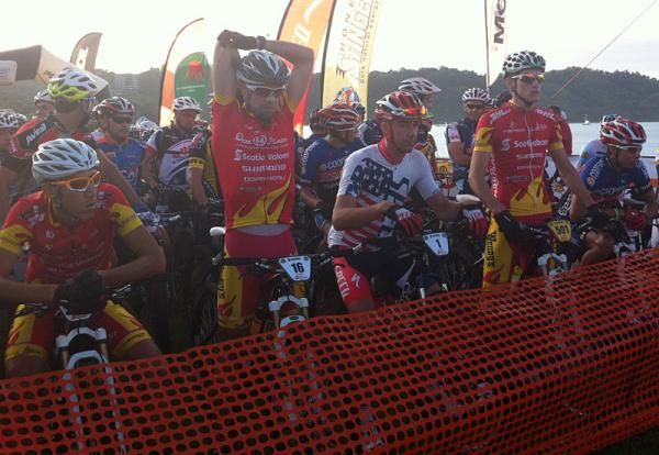 Some racers are still doing some early stretching. La Ruta starts are at 6:00 am.