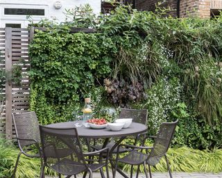 A patio with a lush green backdrop with plants covering a fence to create a living wall effect