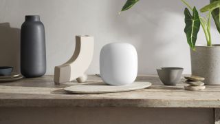 Google Nest WiFi Pro Snow on shelf promo alt