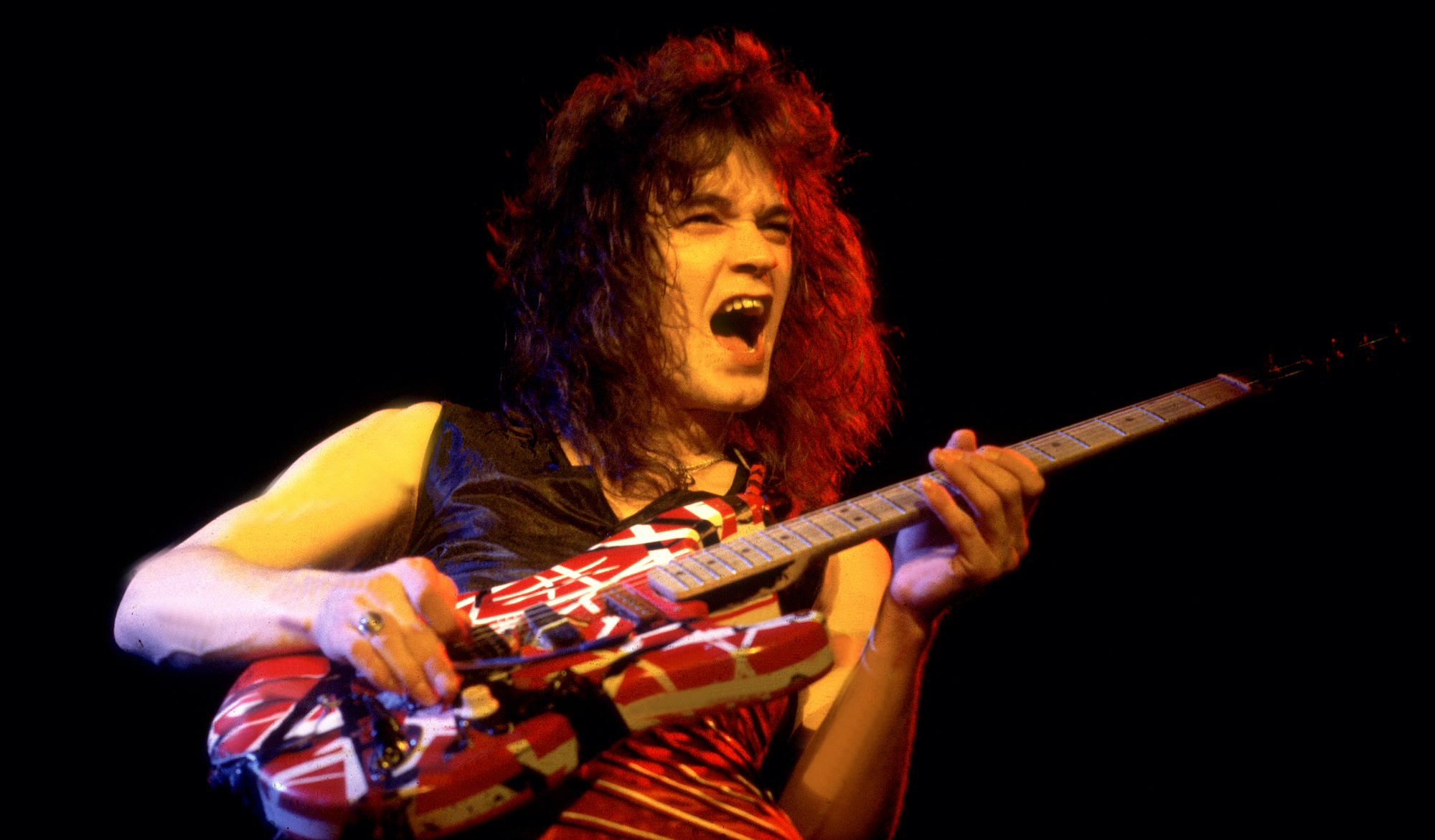 Eddie Van Halen performs with Van Halen at the Aragon Ballroom in Chicago, Illinois, April 26, 1979