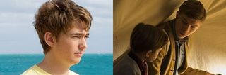 Austin Abrams standing on the beach in the sun Gabriel Rush sitting in a tent telling a story