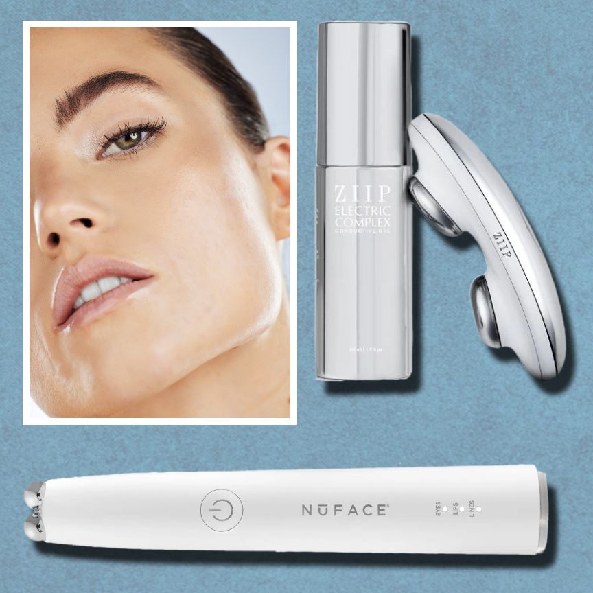 microcurrent facial devices on a blue background next to a model with brown hair and a sharp jawline