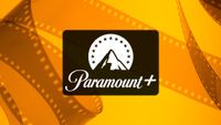 Paramount Plus logo on orange film reel background