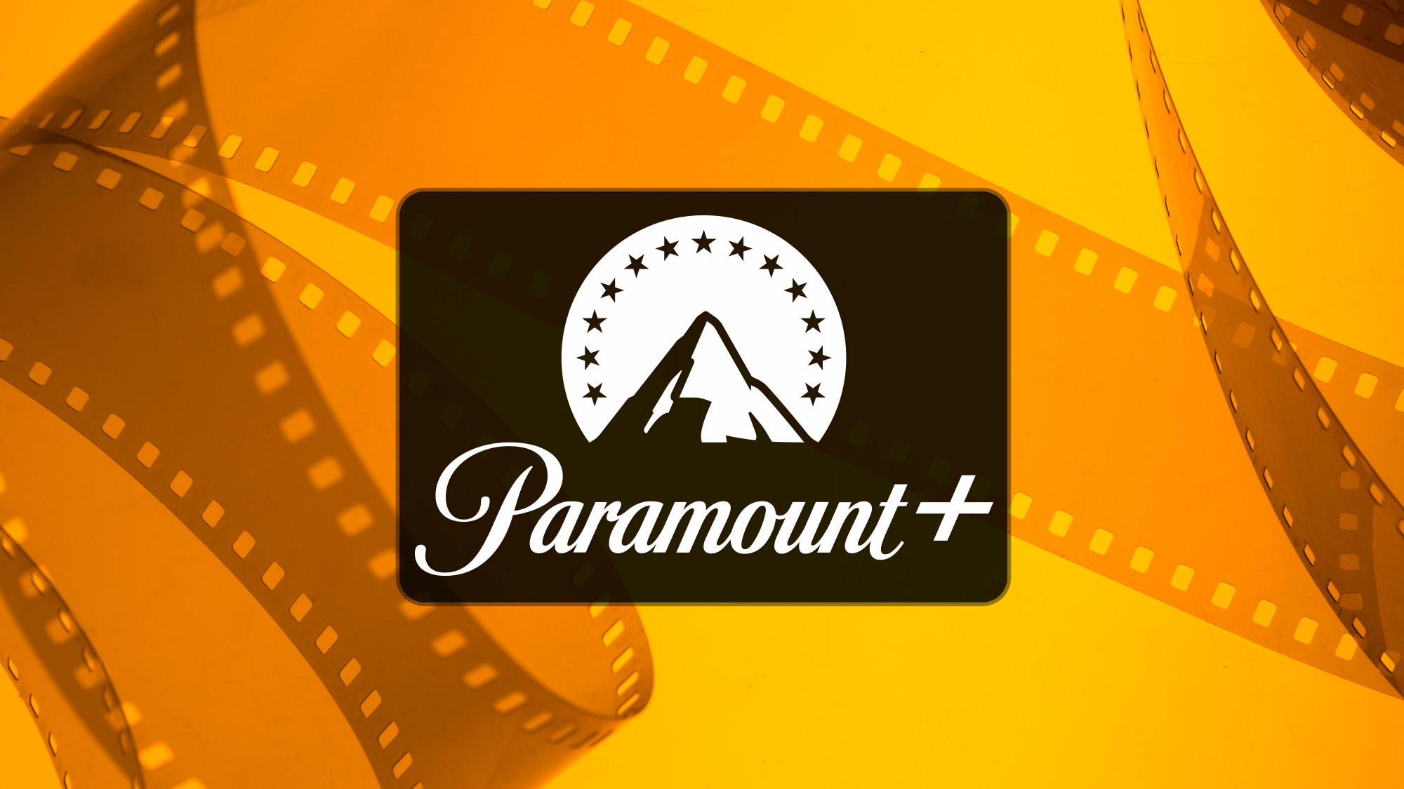 Paramount Plus logo on orange film reel background