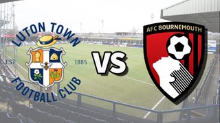 The Luton Town and AFC Bournemouth club badges on top of a photo of Kenilworth Road stadium in Luton, England