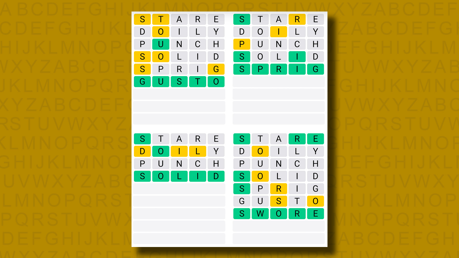 Quordle Daily Sequence Answers for Game 927 on a Yellow Background