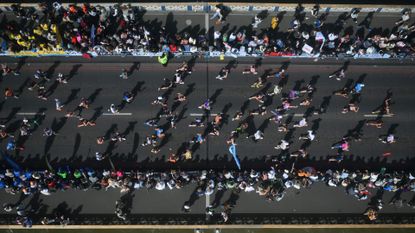Birds-eye view of crowds running London Marathon