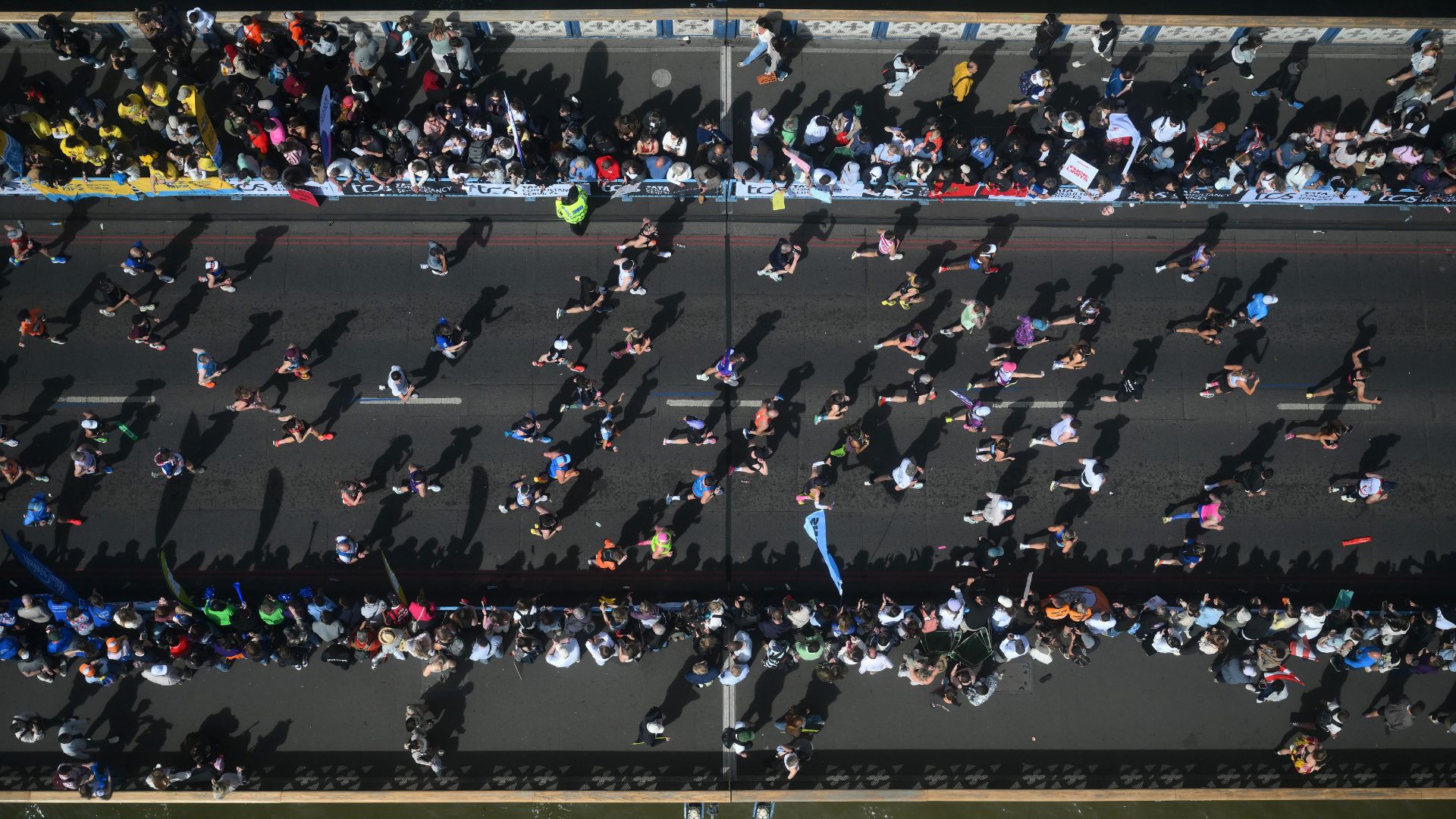 Birds-eye view of crowds running London Marathon